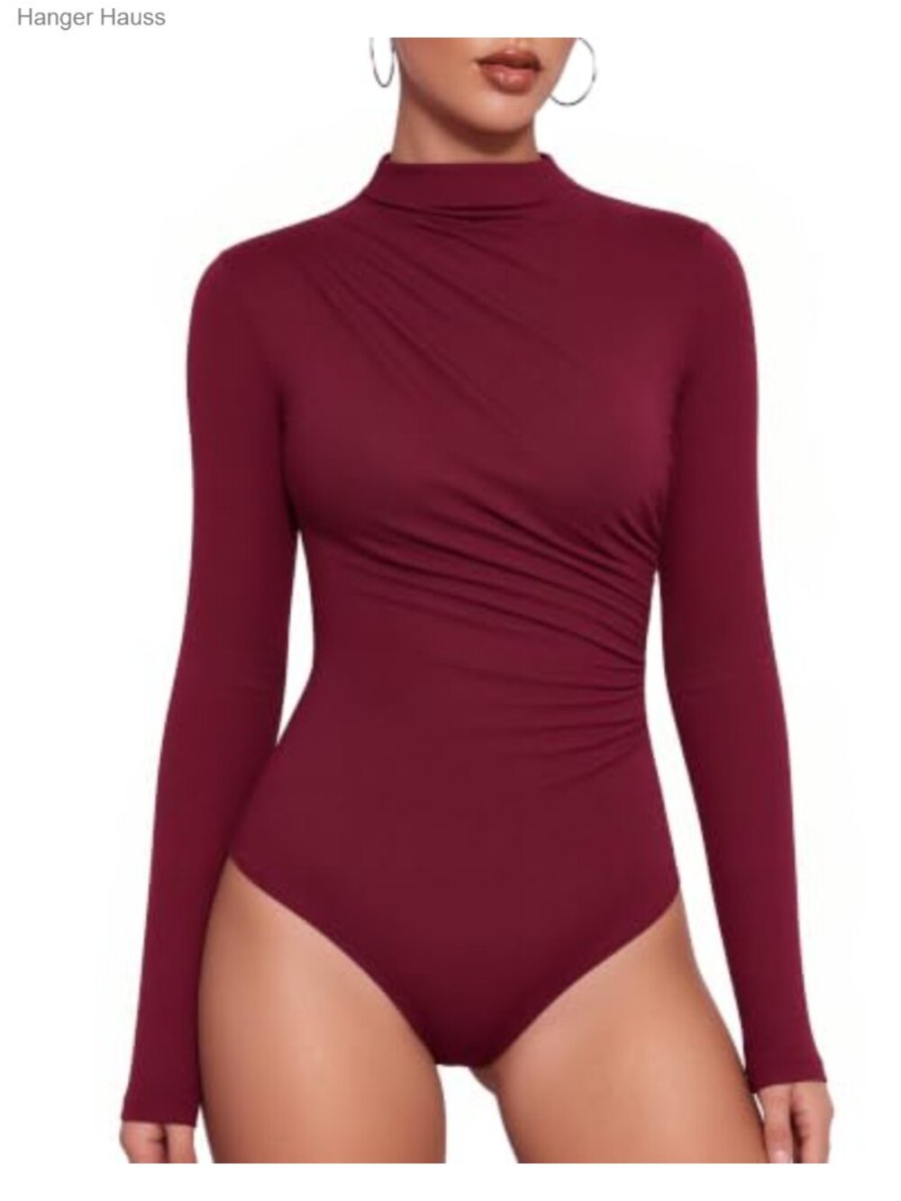 Mock Neck Long Sleeve Ruched Bodysuit Rayon Spandex Fitted Fall Layering Top